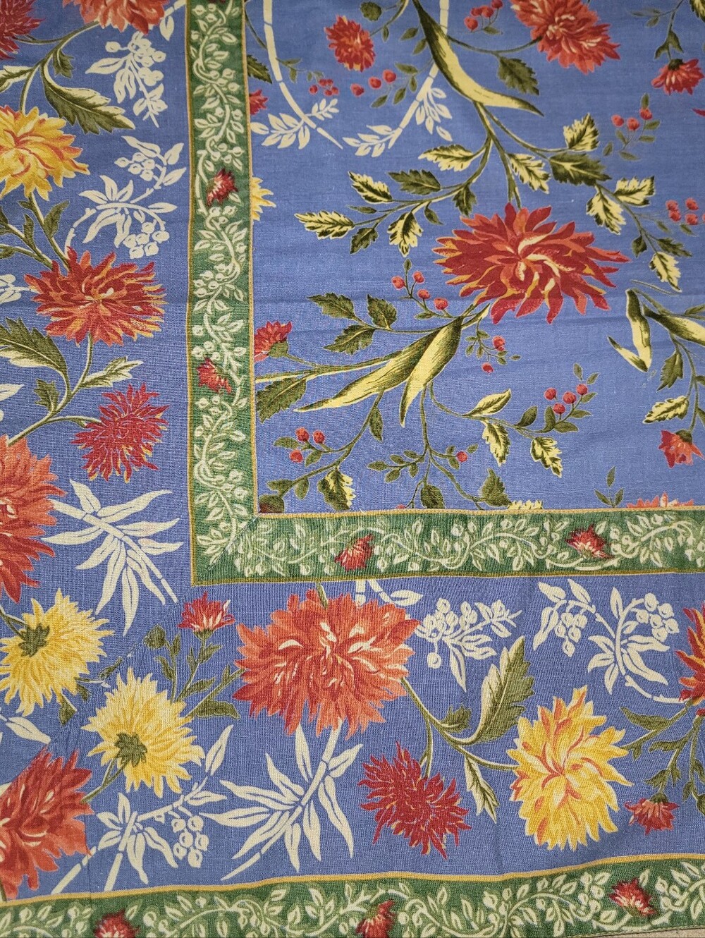 April Cornell Floral Blue Tablecloth with Red and Yellow Flowers Cotton 53X53